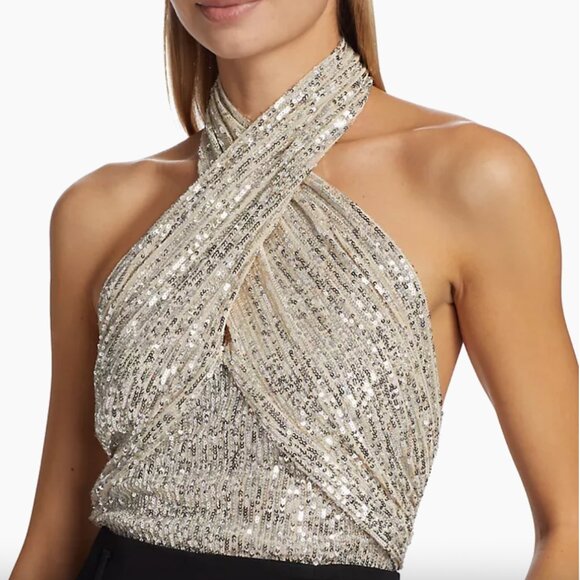 Mac Duggal Tops - NWT MAC DUGGAL CROSS-NECK HALTER SILVER SEQUIN BODYSUIT